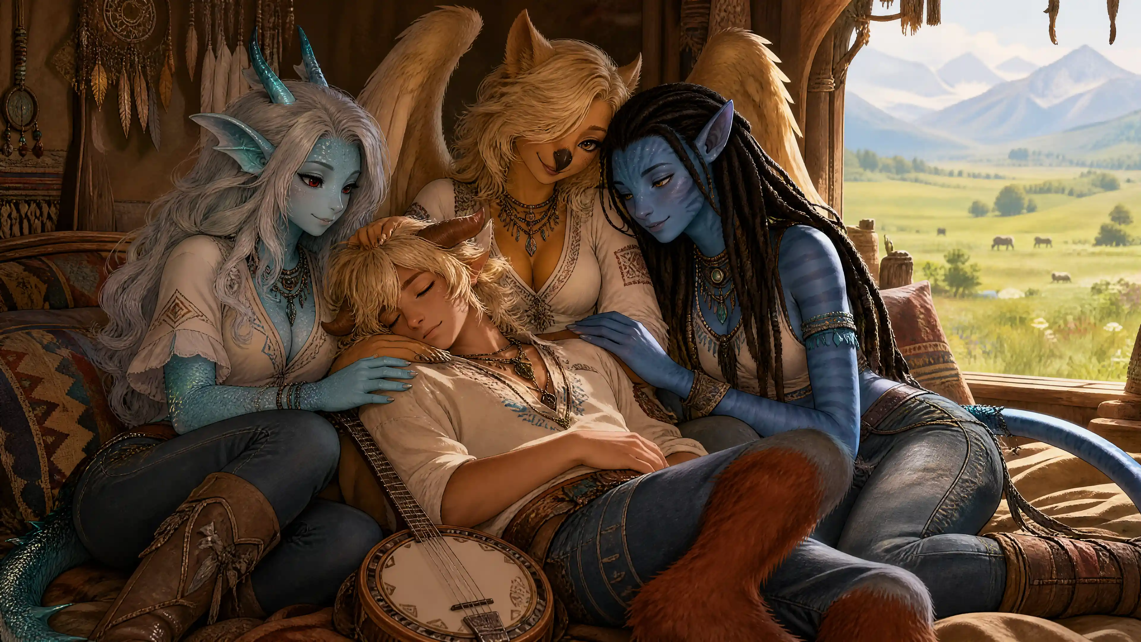 Fantasy women cuddling a sleeping satyr on a bed