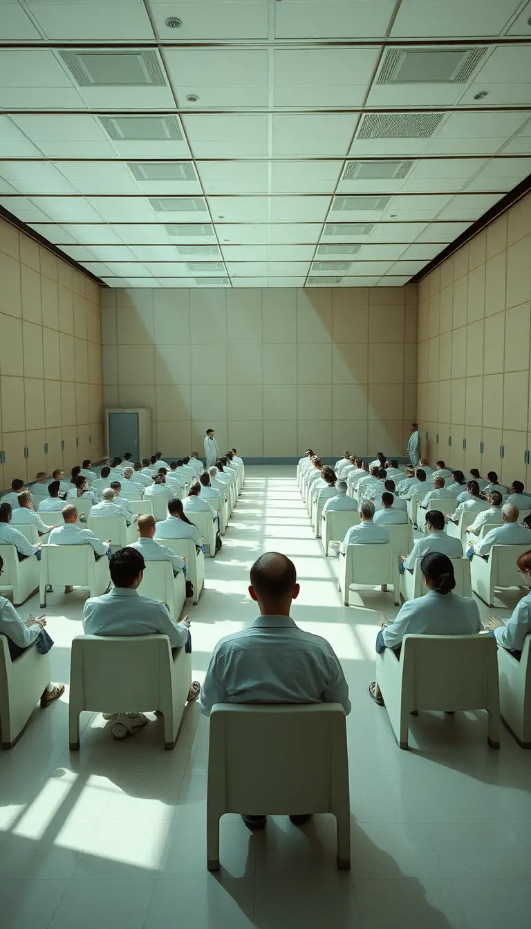 Session spirituelle silencieuse dans une grande salle lumineuse peinte de façon abstraite