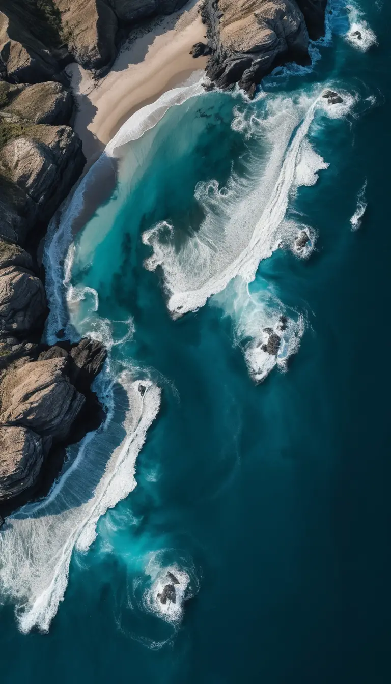 Aerial view of rugged coastline and turquoise ocean shallows