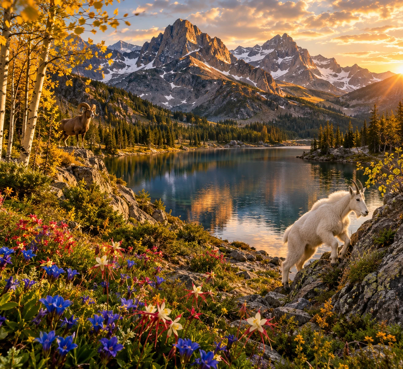 Ruhiger Alpinsee mit Spiegelung von Wildblumen in den Rocky Mountains