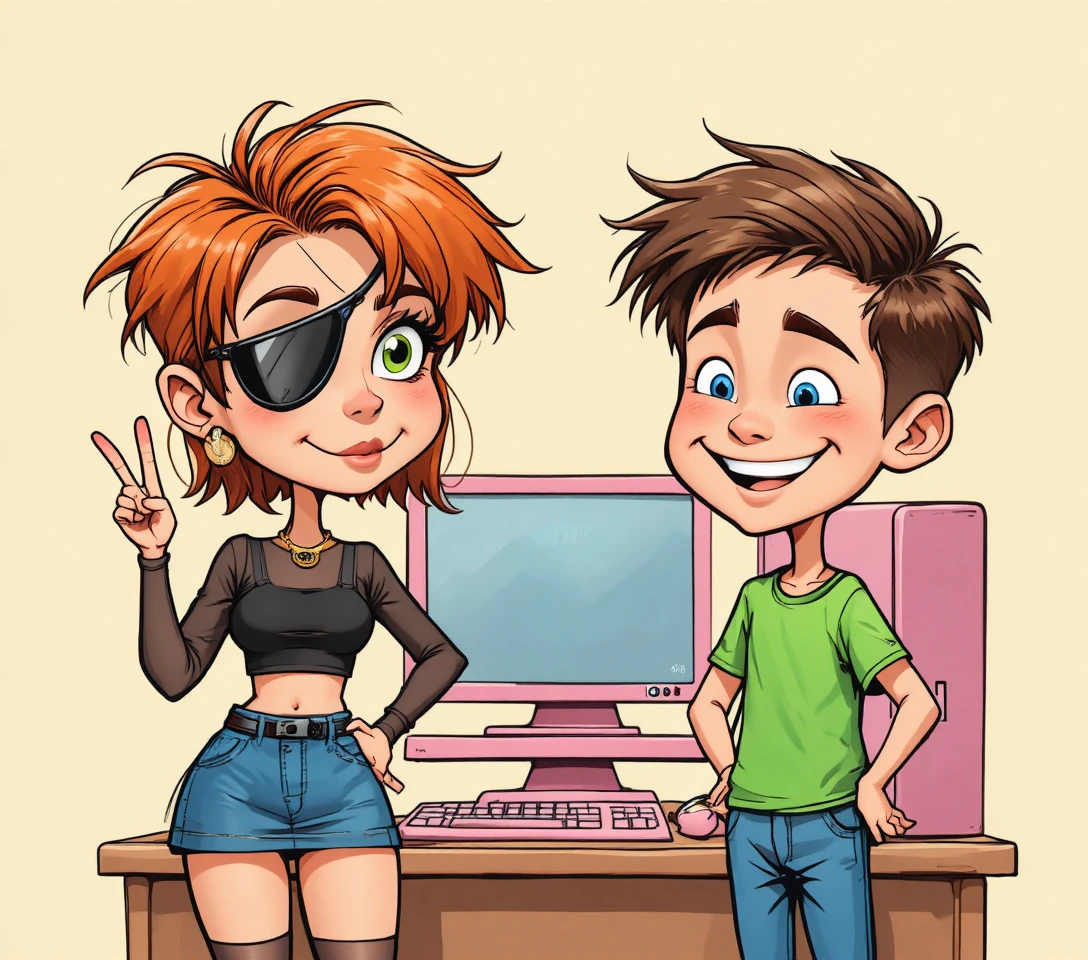 Confident eyepatch girl posing with cheerful young boy