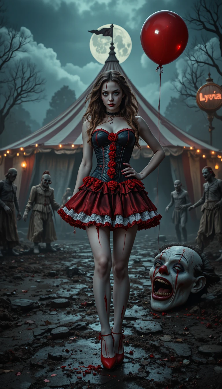 Sexy Horror-Clownfrau im verlassenen Nachtzirkus