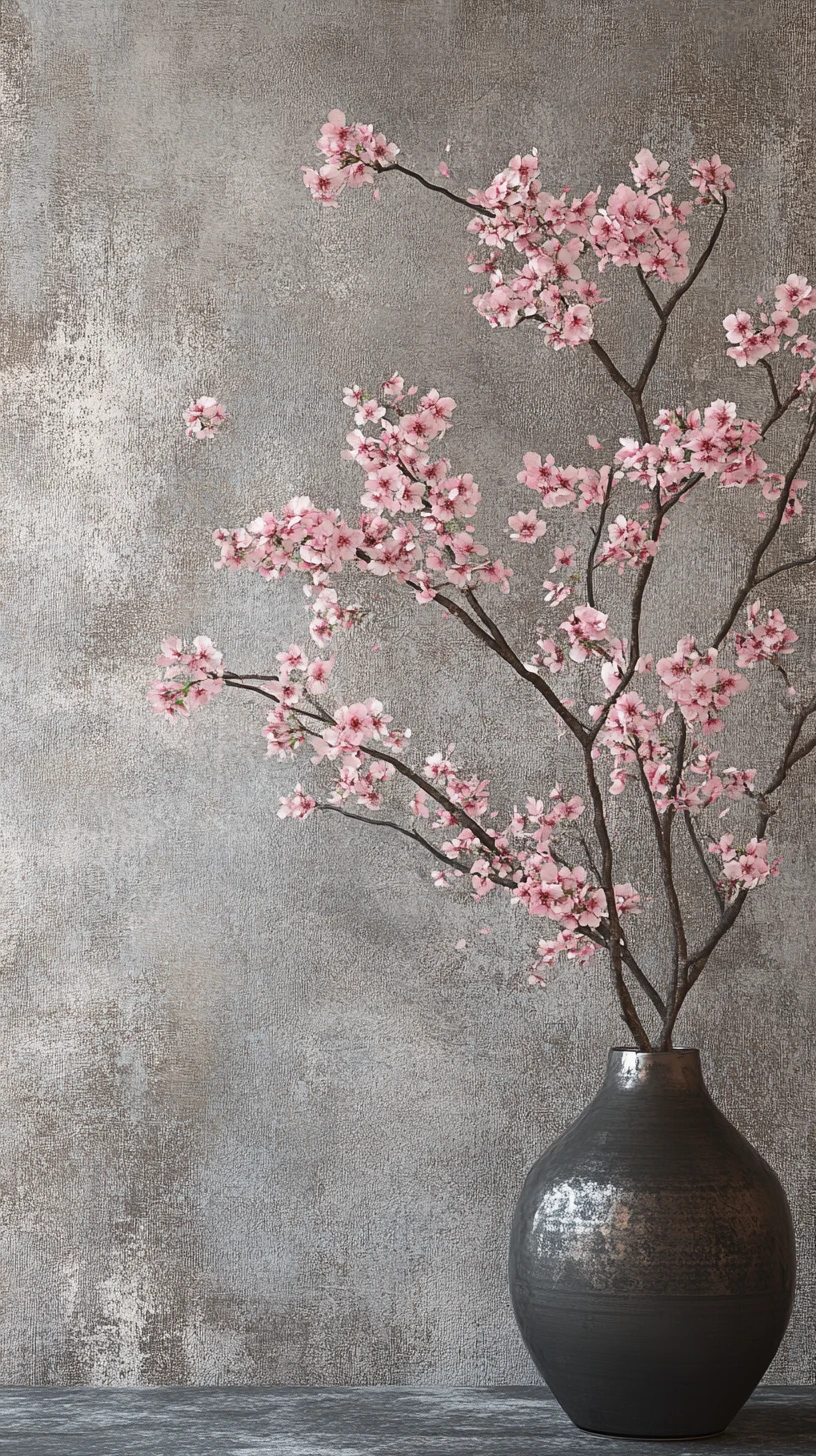 Rosafarbene Kirschblüten in einem gerahmten Blumenbild auf Grau