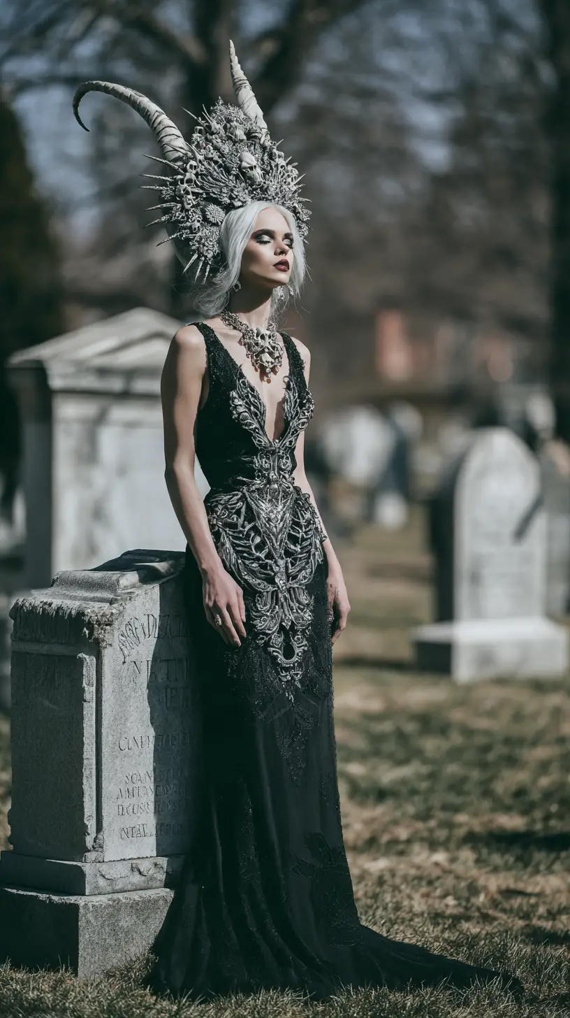 Portrait de mode de sorcière des os dans un cimetière gothique au clair de lune