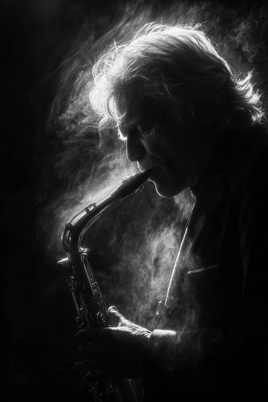 Saxofonista fantasmagórico tocando sozinho em um bar dramático