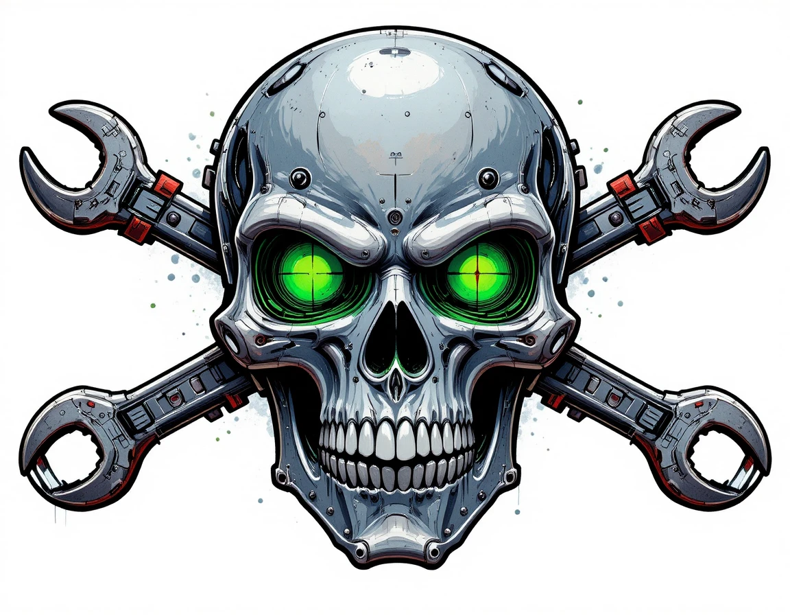 Emblema de caveira mecânica com chaves inglesas cruzadas e olhos brilhantes