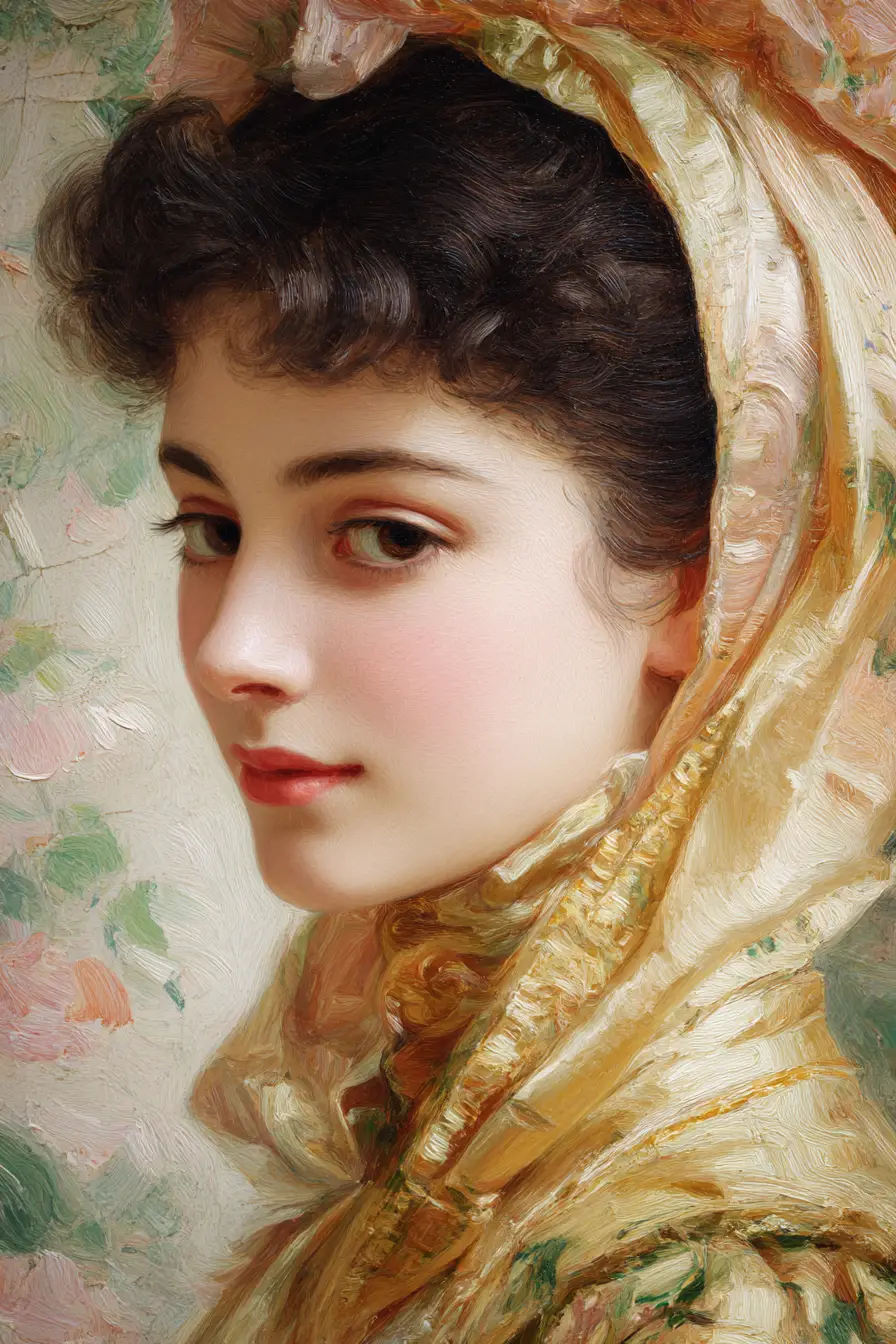 Elegant woman in silk on a narrow cobblestone street