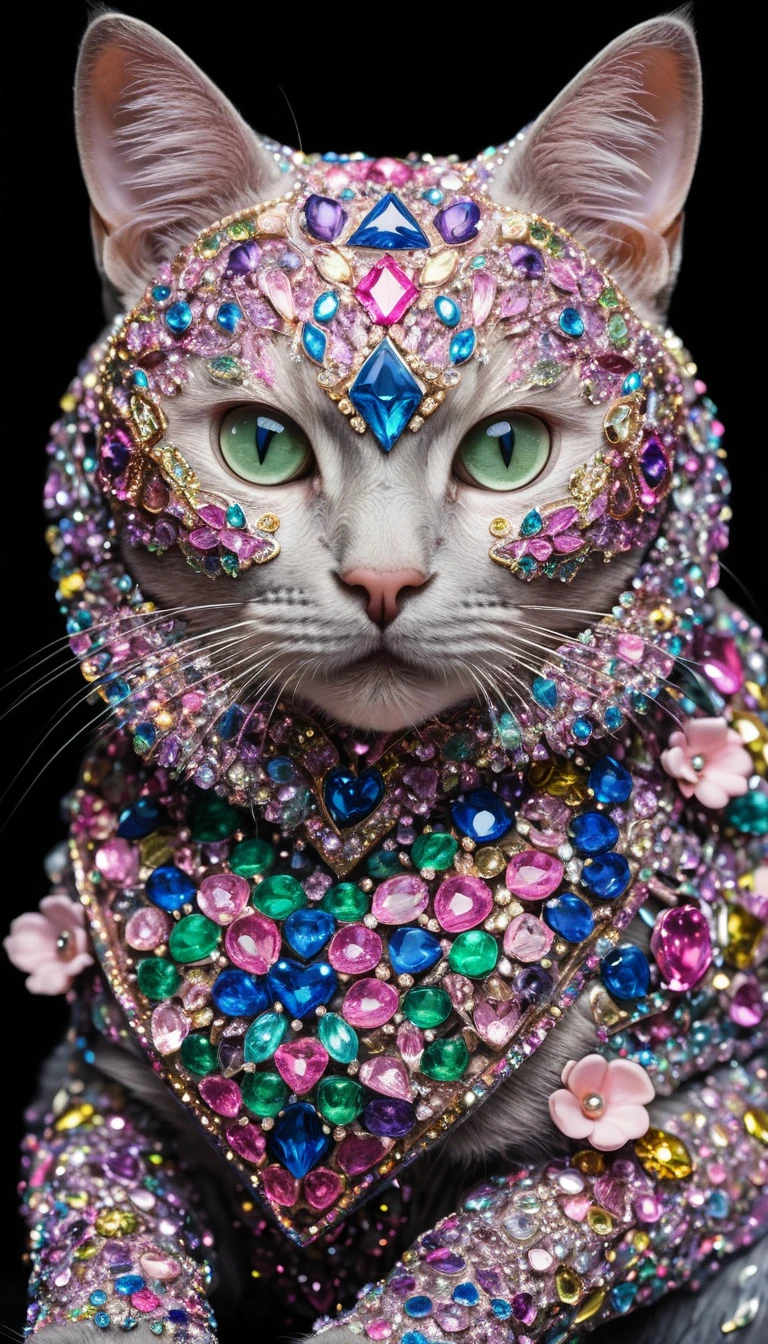 Cat covered in colorful rhinestones and sparkling crystals