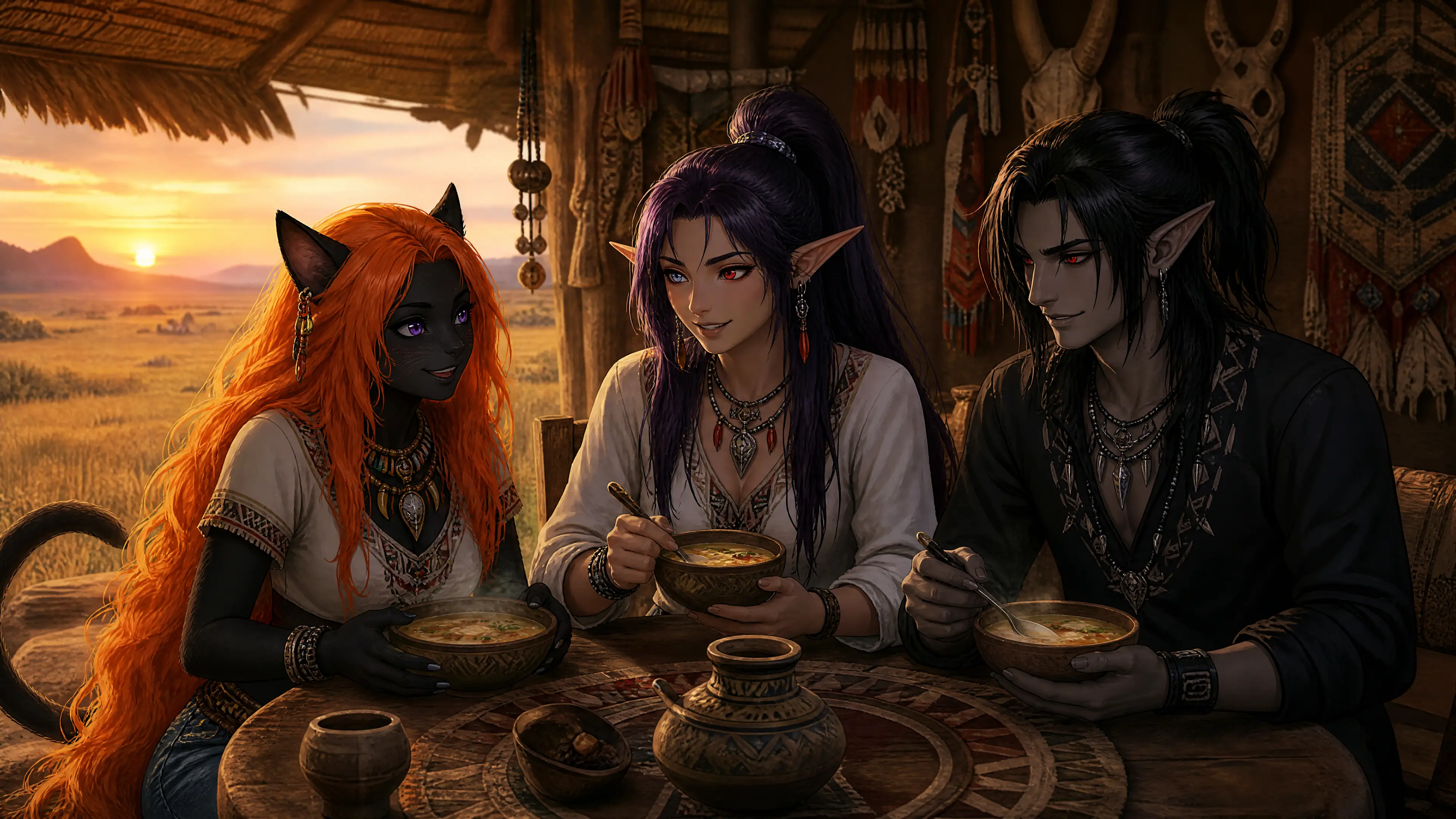 Tribal cat woman and eldar couple sharing soup outdoors