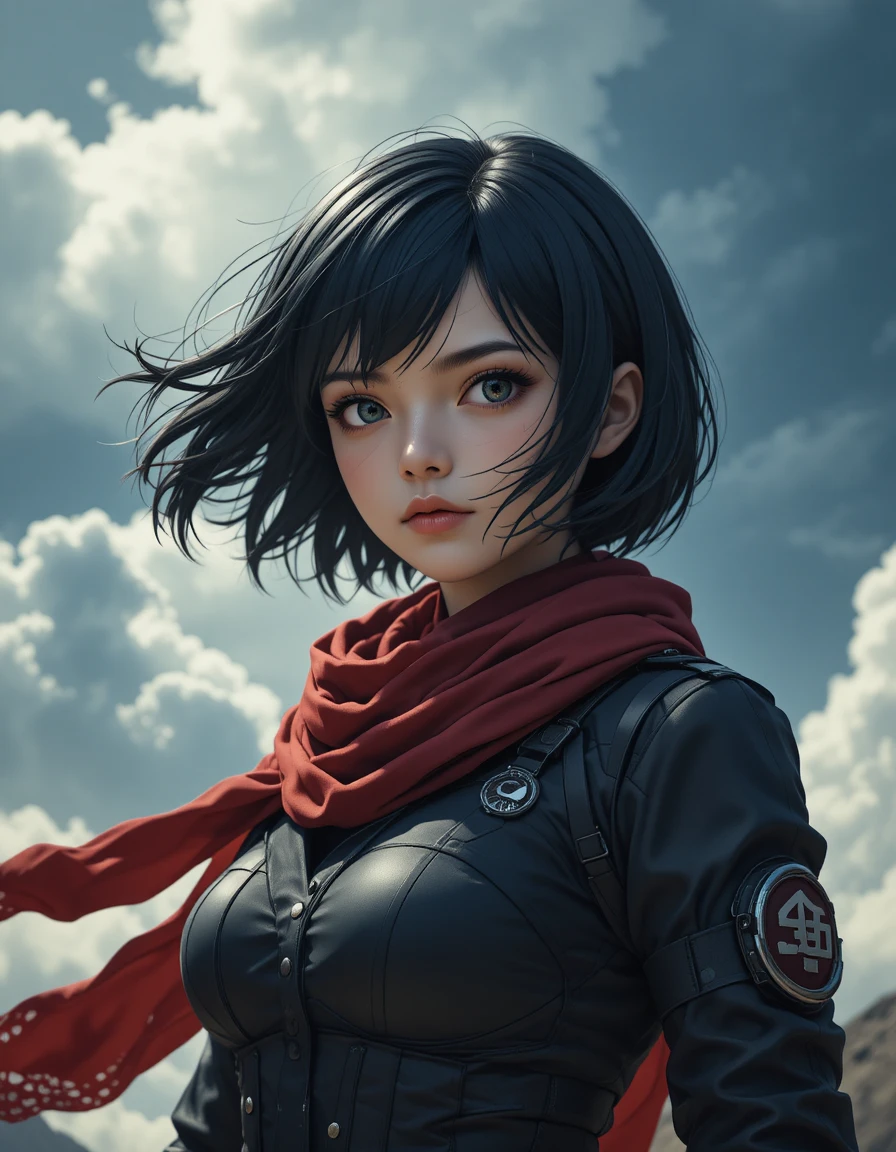 Guerreira de anime sob um céu nublado, ventoso e dramático