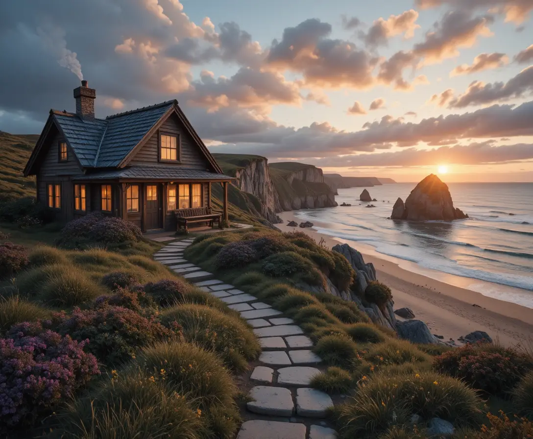 Cozy Wooden Cottage Above A Sunset Coastal Beach