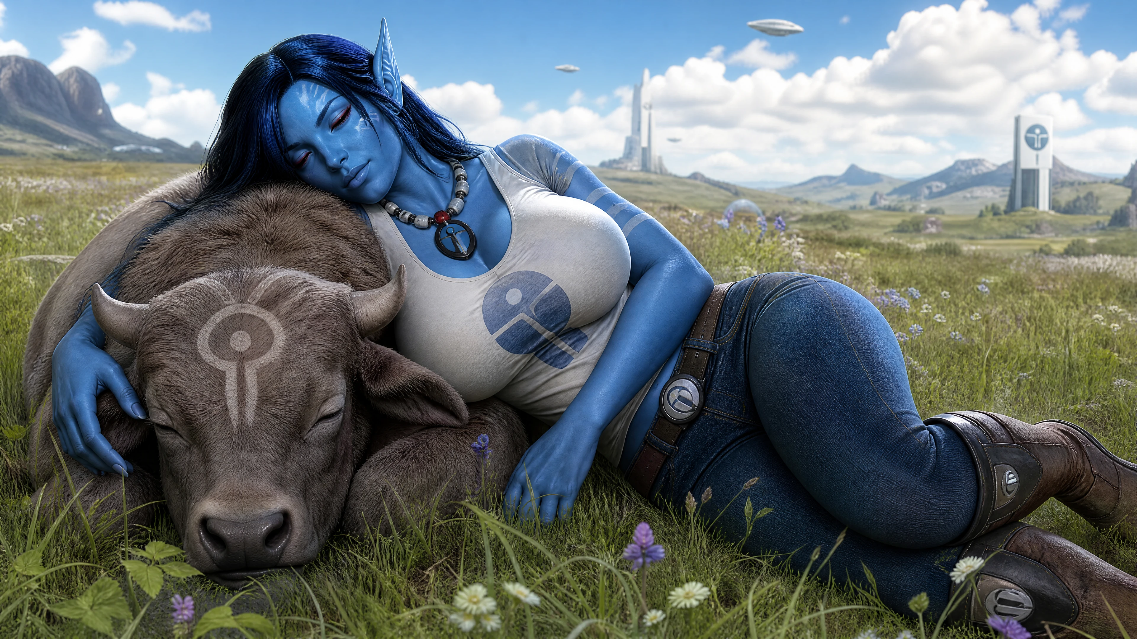 Mulher de ficção científica de pele azul dormindo com bezerro