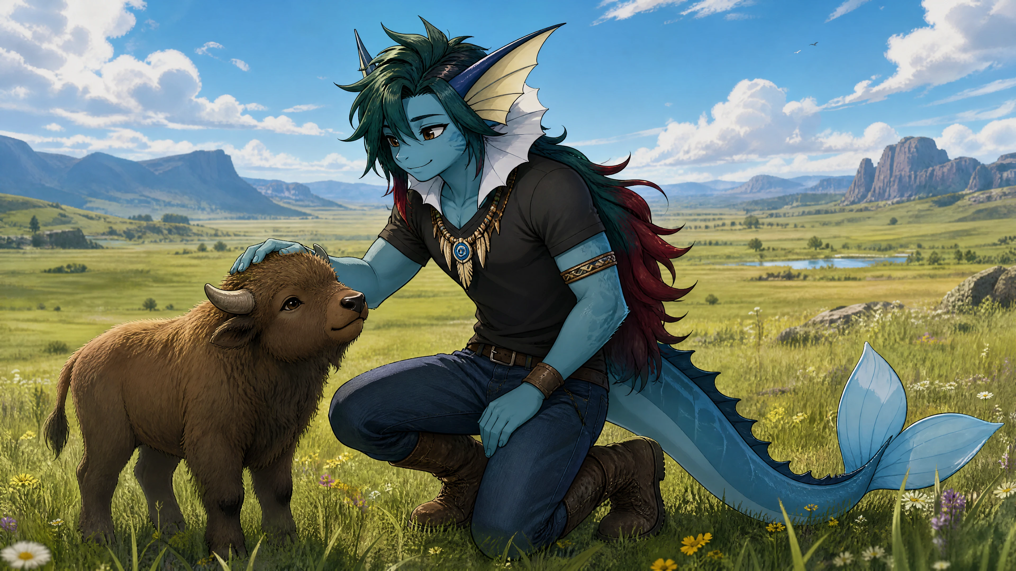 Vaporeon anthropomorphe caressant doucement un bébé bison dans la prairie