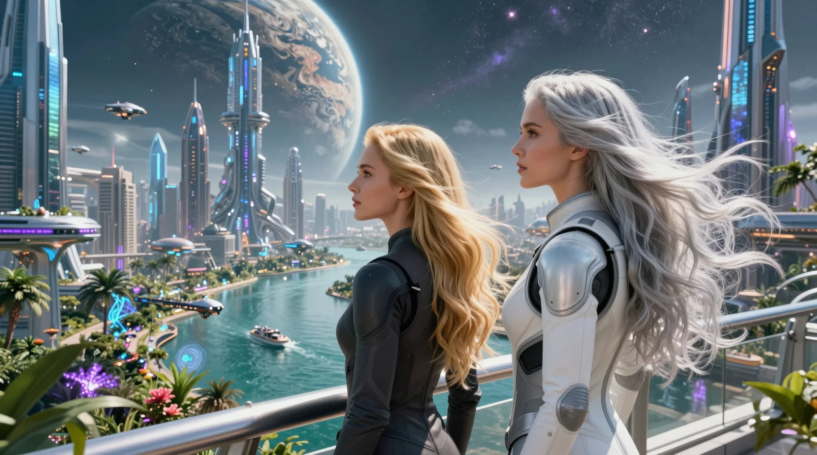 Duas mulheres em uma varanda com vista para uma cidade alienígena futurista