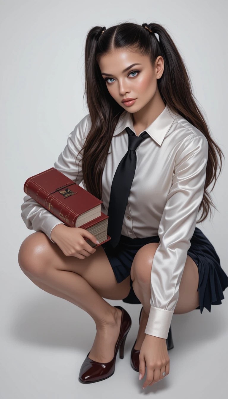 흰 배경에서 교복 스타일 패션을 한 젊은 여성