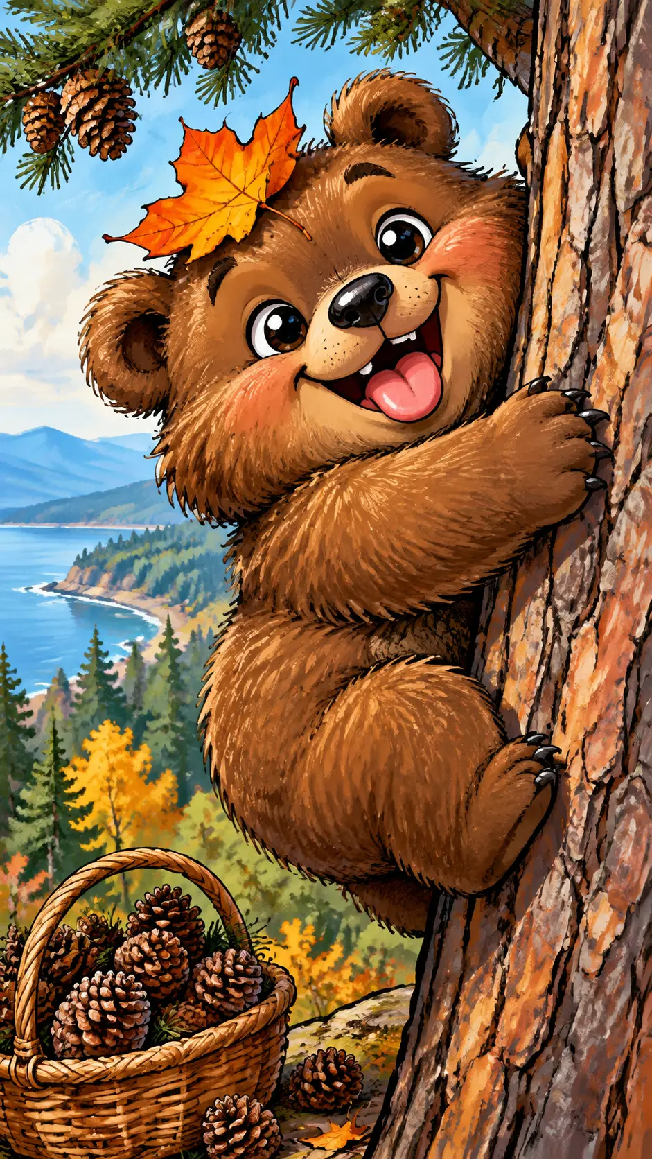 Orsetto dei cartoni animati carino che abbraccia un cedro con un sorriso