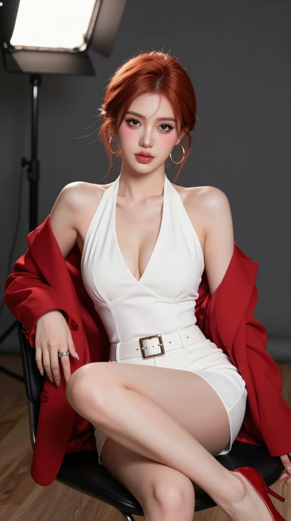 Retrato em estúdio de mulher ruiva confiante com blazer vermelho