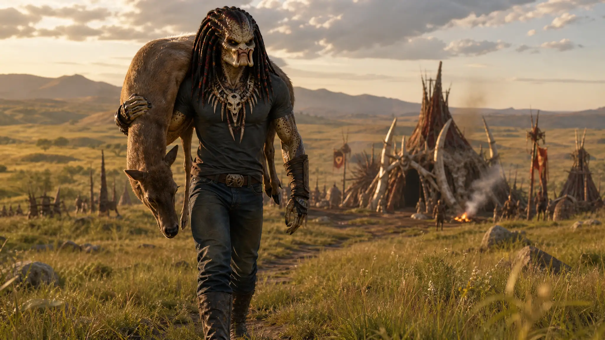 Chasseur alien portant un cerf à travers les plaines tribales ouvertes
