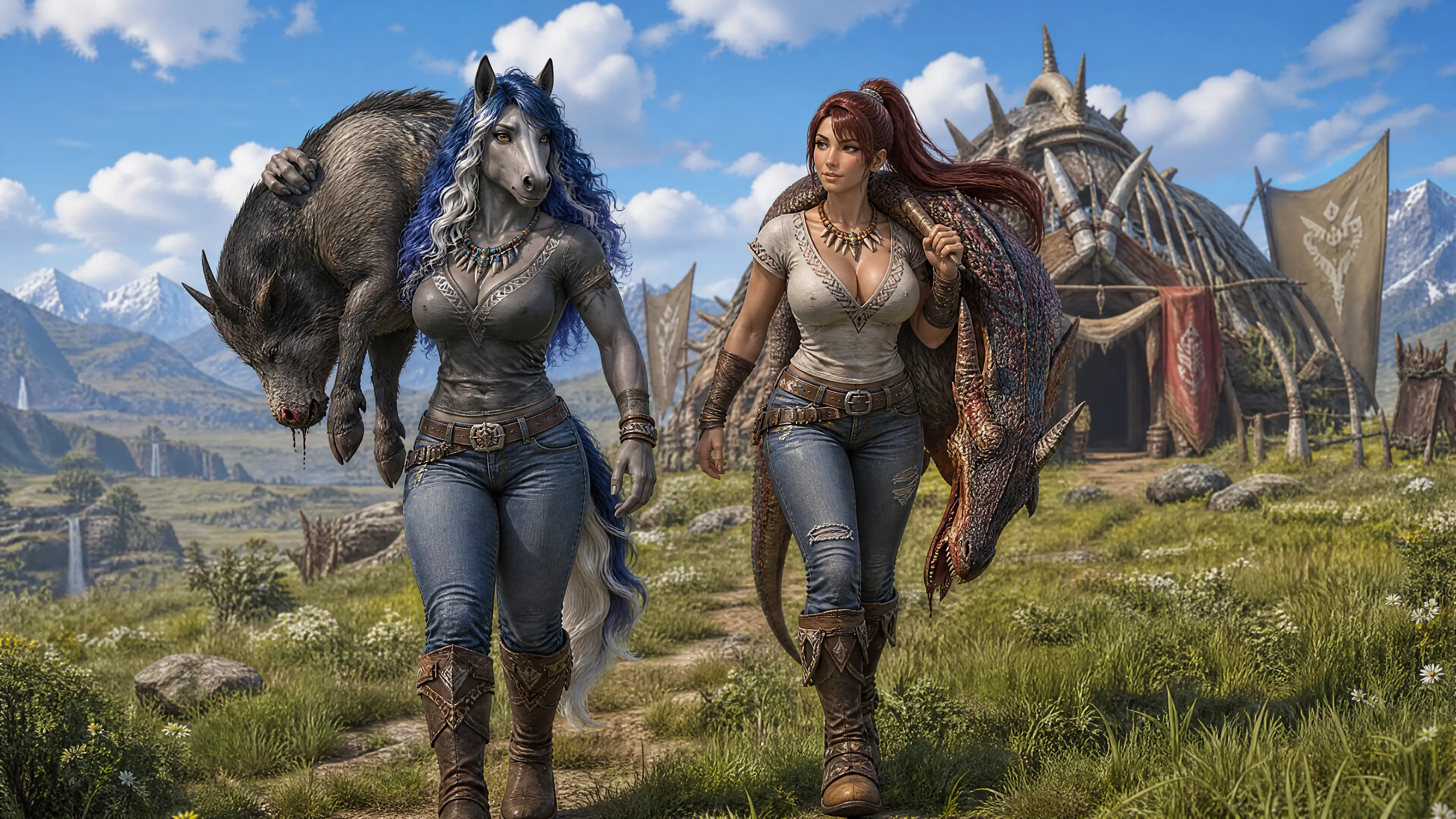 Deux chasseuses fantastiques rentrant à travers une vaste prairie