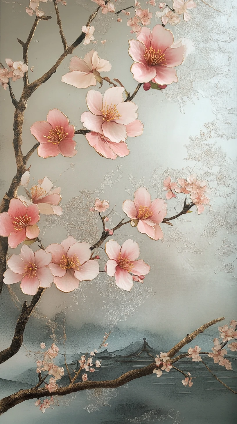 シンプルな花瓶に生けられたピンクの桜の額縁絵画