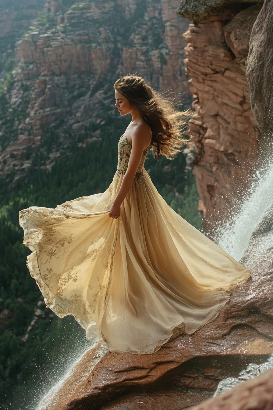 Ethereal woman on cliffside gazing over a vast landscape