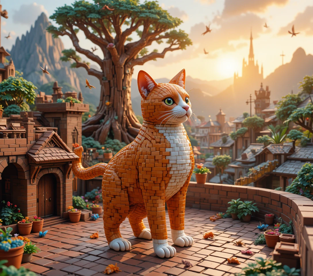 Chat héroïque en briques surplombant un minuscule monde fantastique