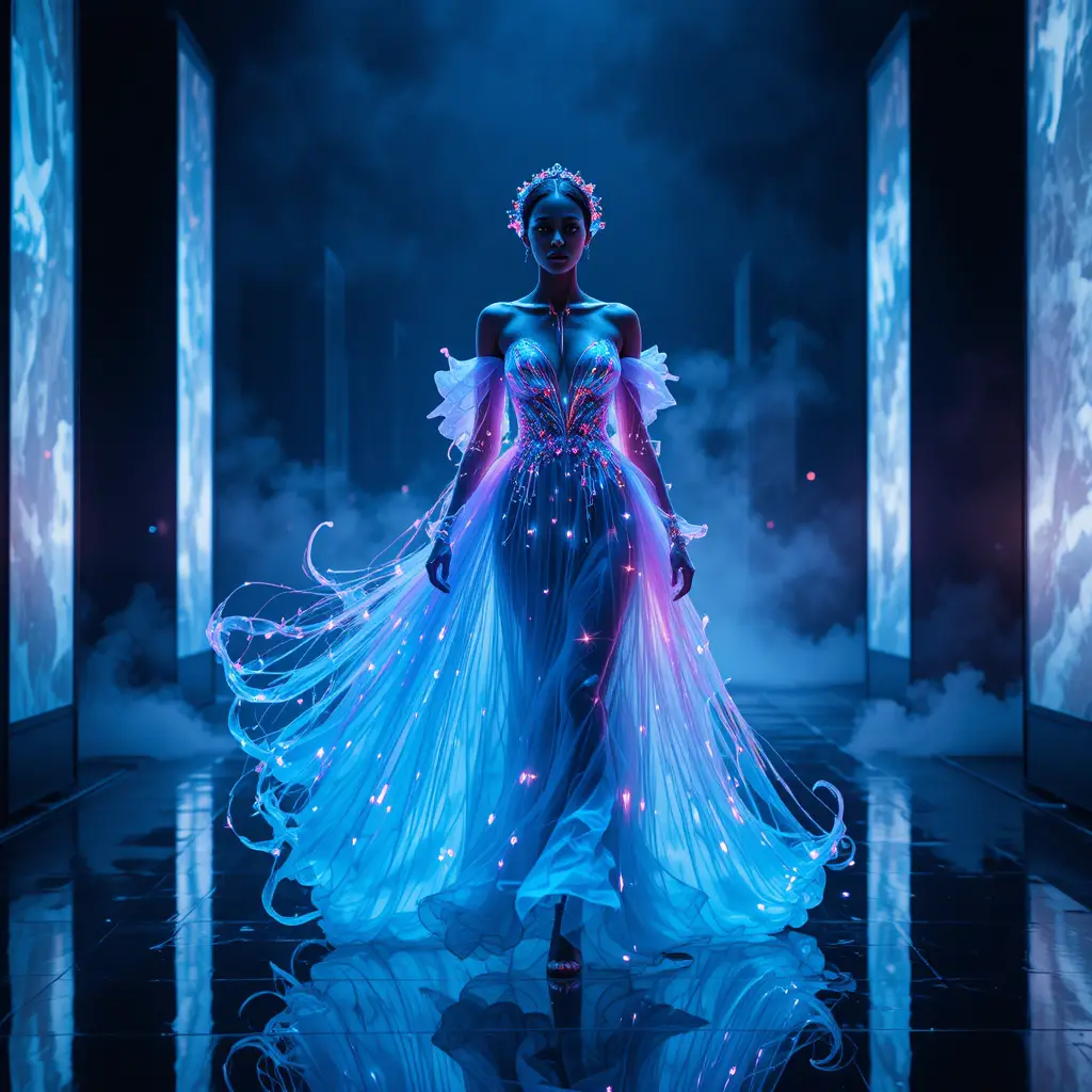 Ethereal model on dark runway in glowing jellyfish gown