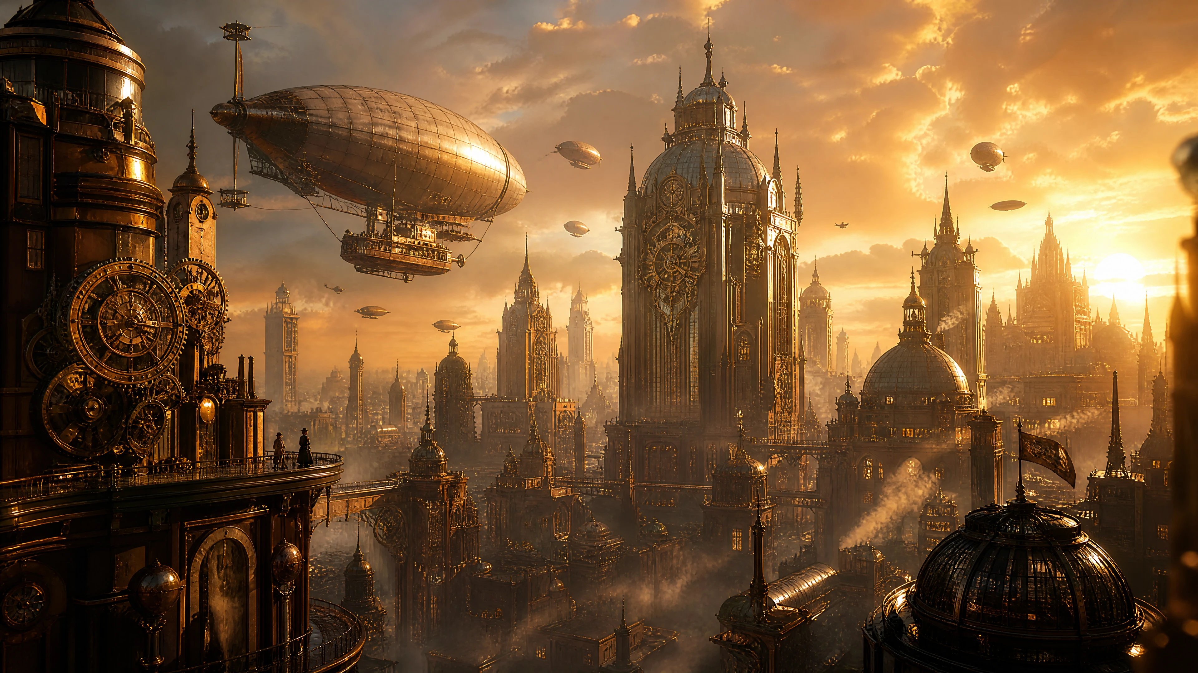 Steampunk-Metropole bei goldener Stunde mit Luftschiffen