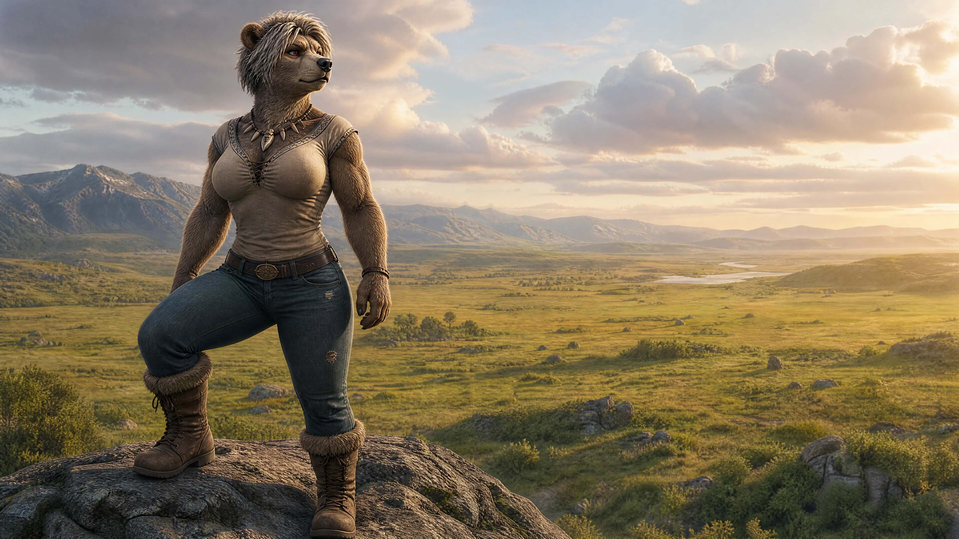 Anthro grizzly woman on rock overlooking wide grassland