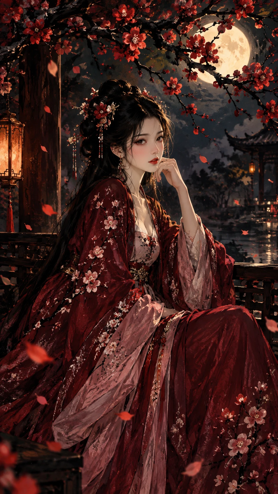 Mulher elegante em hanfu de flor de ameixeira em jardim à meia-noite