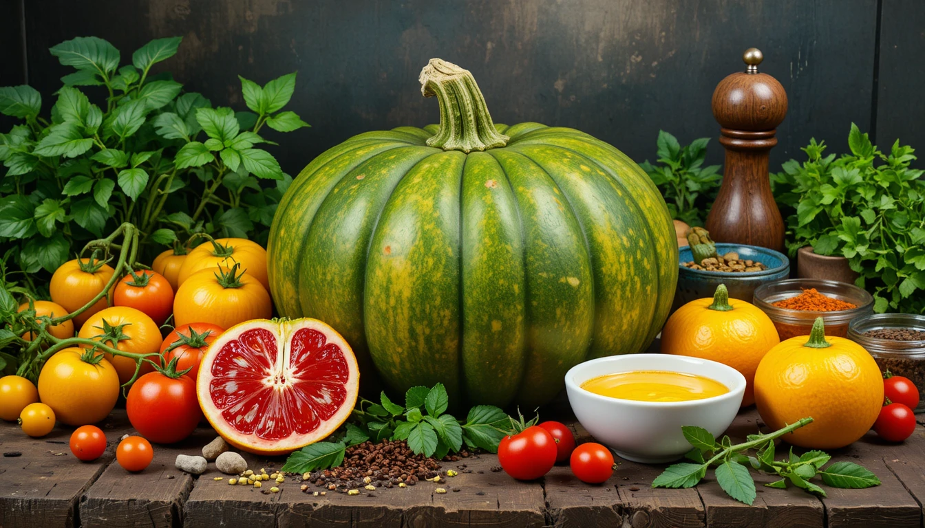Natureza-morta colorida com abóbora, frutas, ervas e mesa rústica