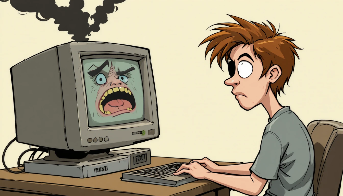 Garota de desenho animado olhando ansiosa para um computador com falha