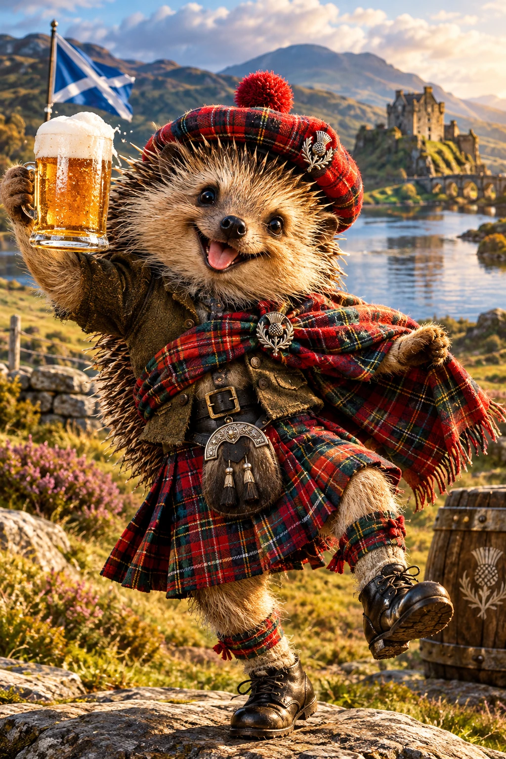 Ouriço escocês alegre dançando com kilt e xadrez tartan