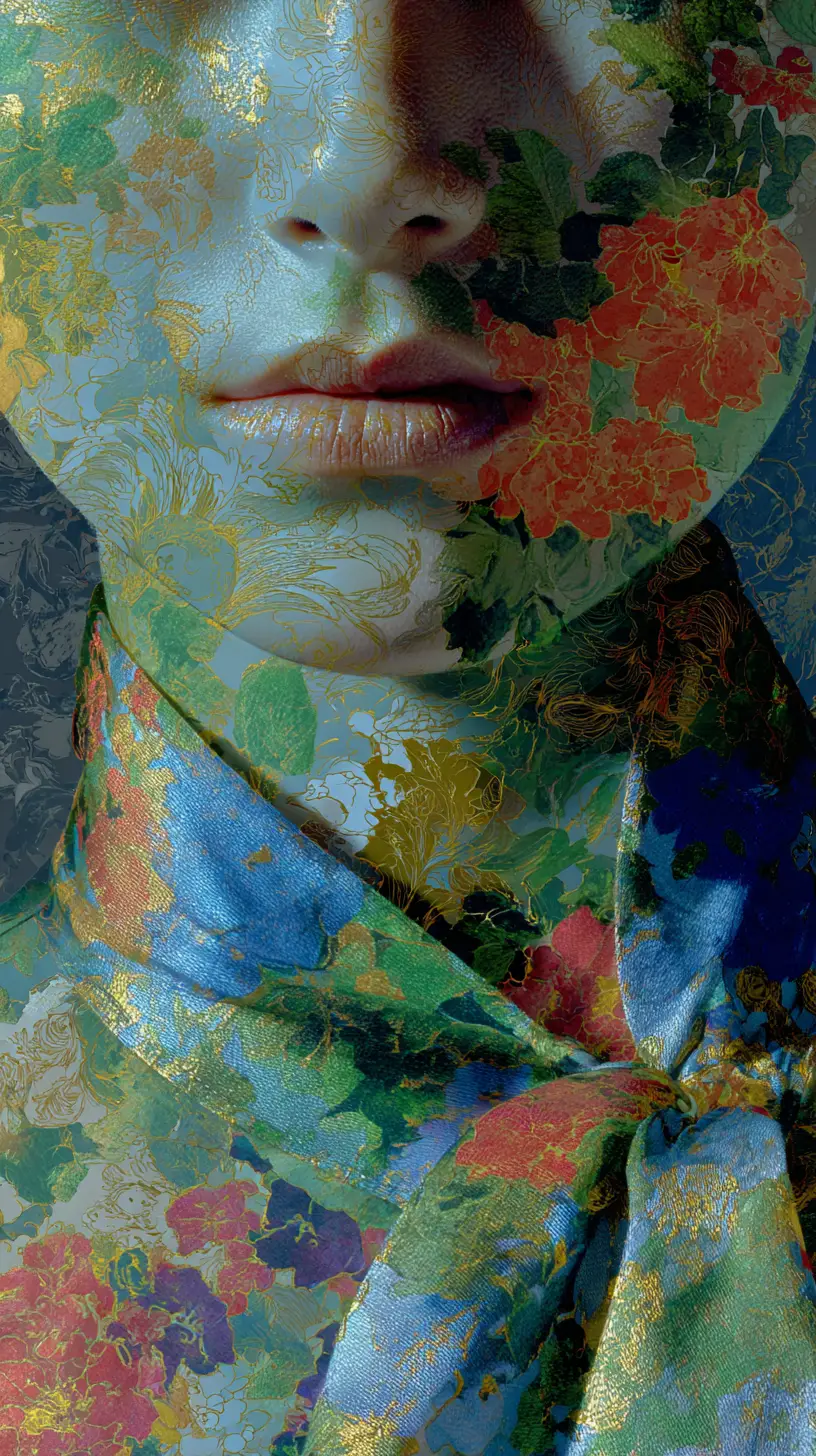 Femme stylisée en robe fleurie avec des ombres profondes et dramatiques