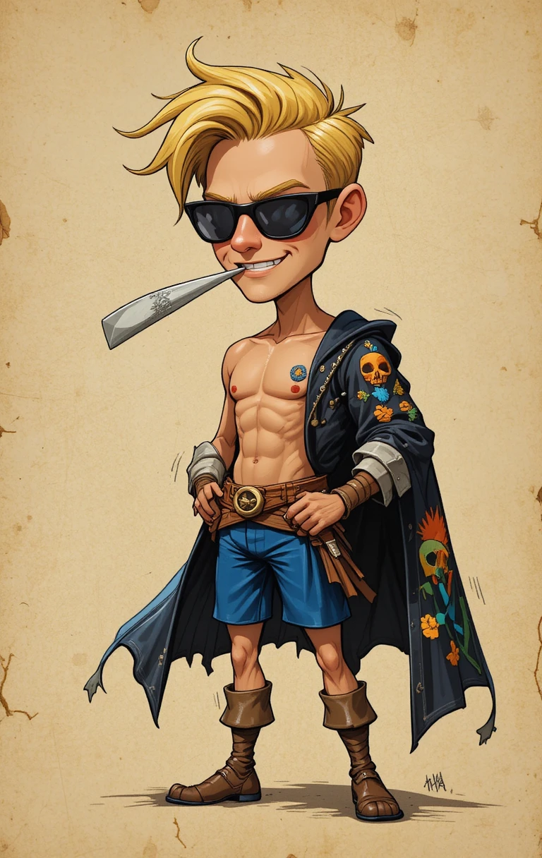 Menino pirata loiro brincalhão com bandeira e espada – ilustração