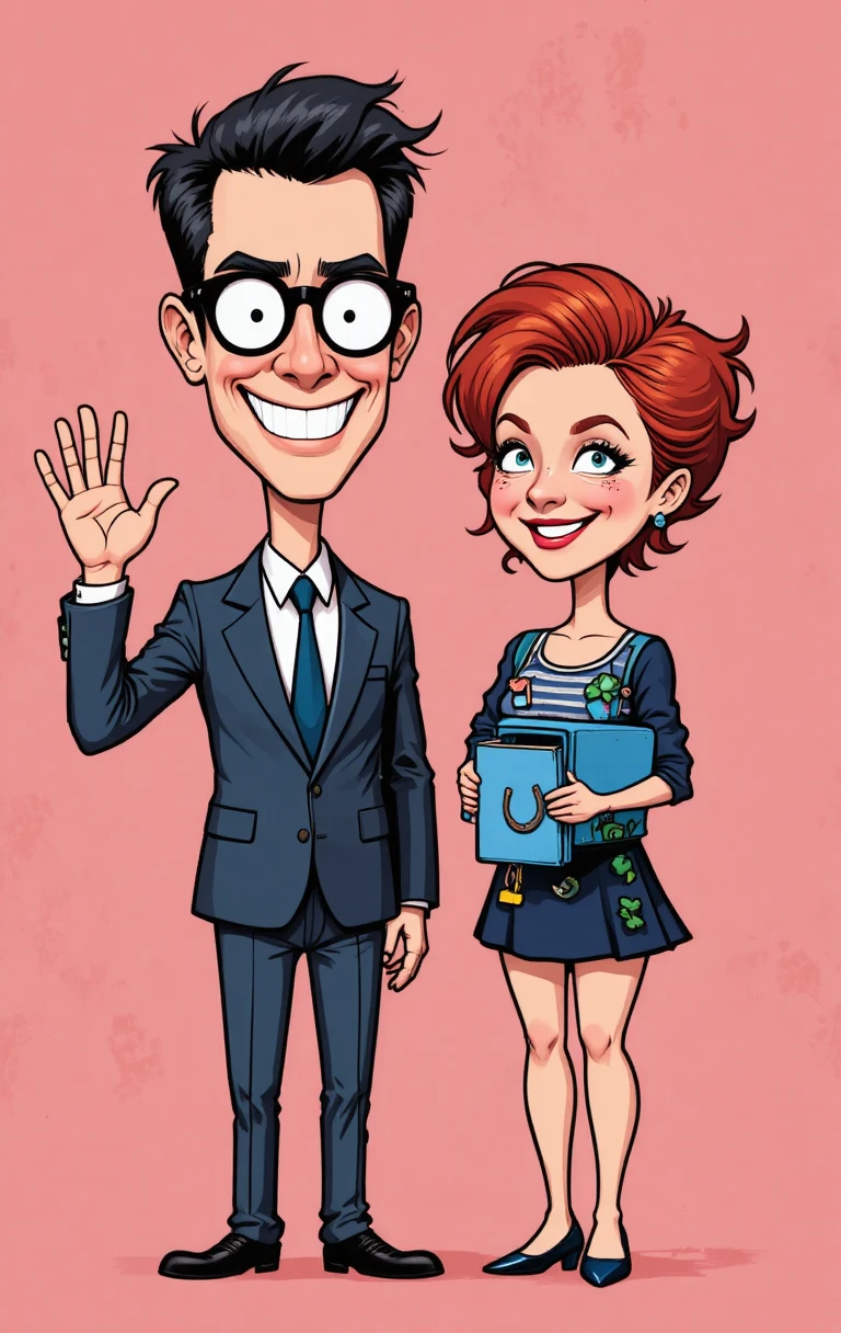 Homem nerd acenando ao lado de mulher estilosa em arte em desenho animado