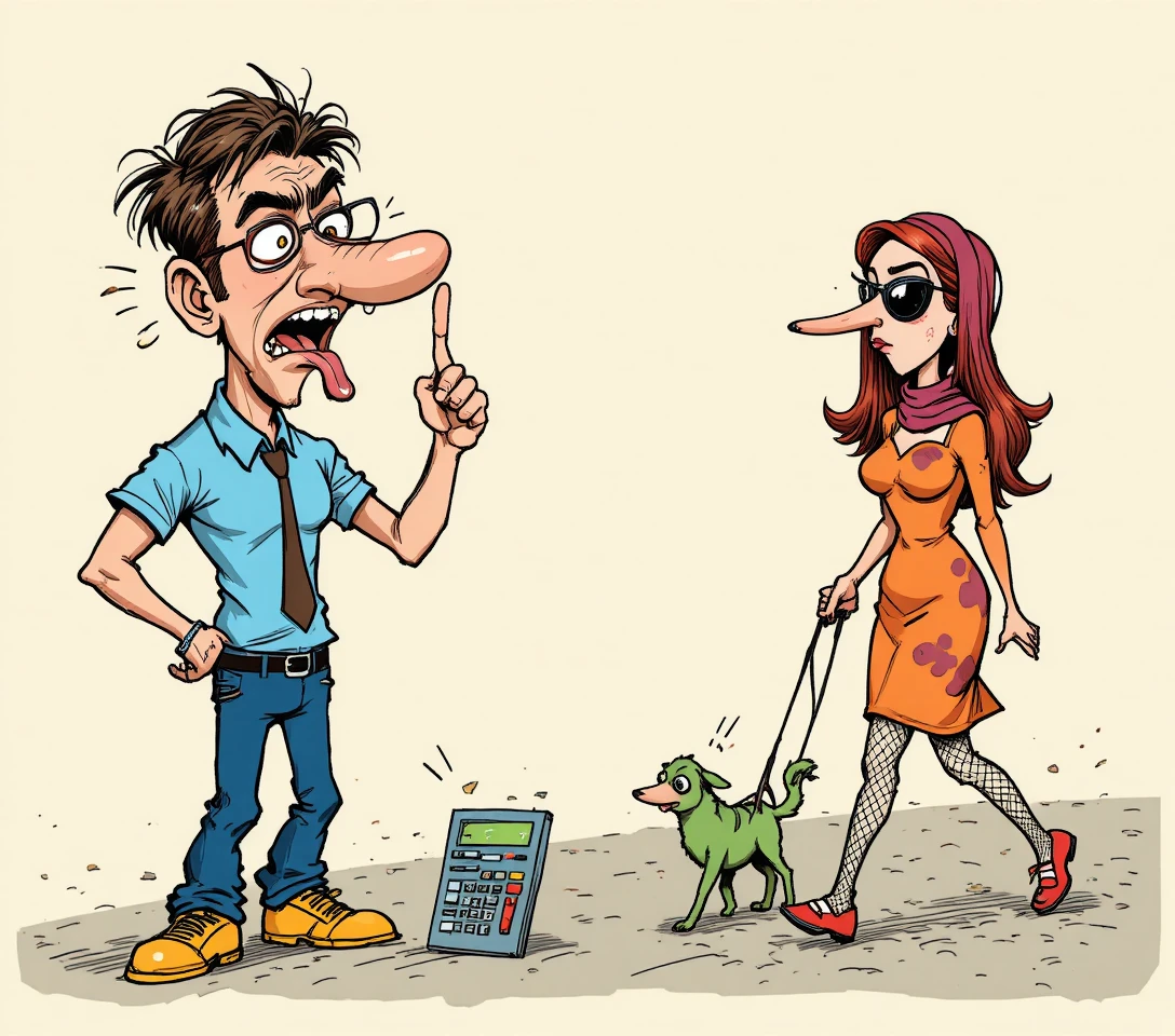 Casal de desenho animado brincalhão com calculadora em estilo cômico