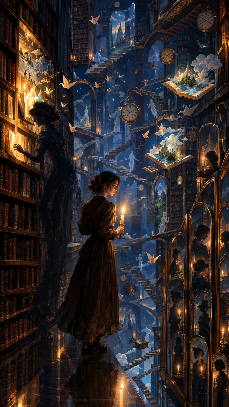 Giovane donna con una candela in una biblioteca surreale infinita