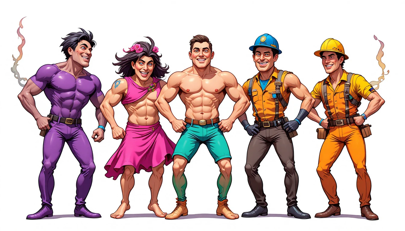 Groupe coloré de hommes musclés dansant en dessin animé
