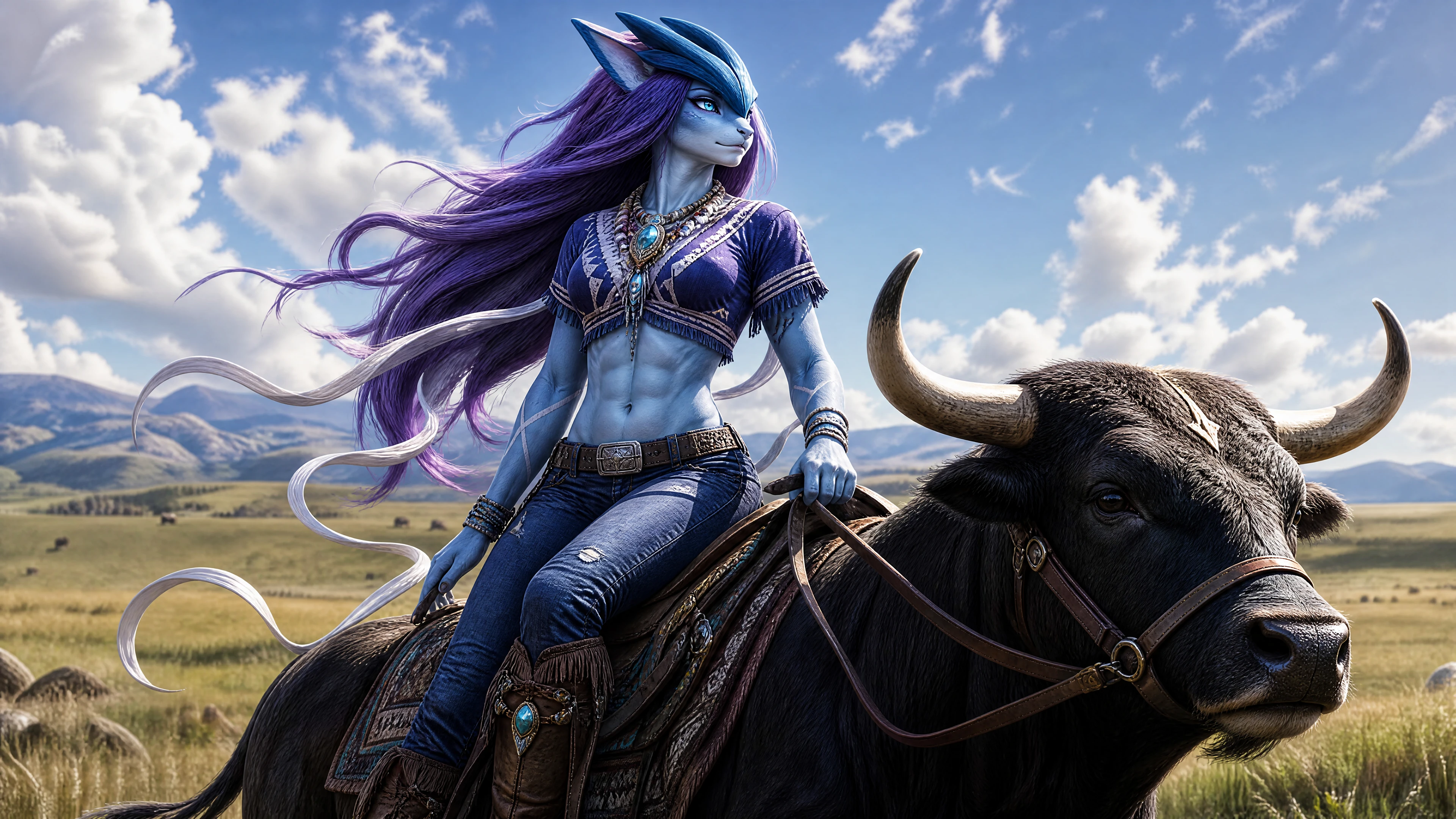 Mulher fantasiosa cavalgando um touro em um amplo campo de gramado