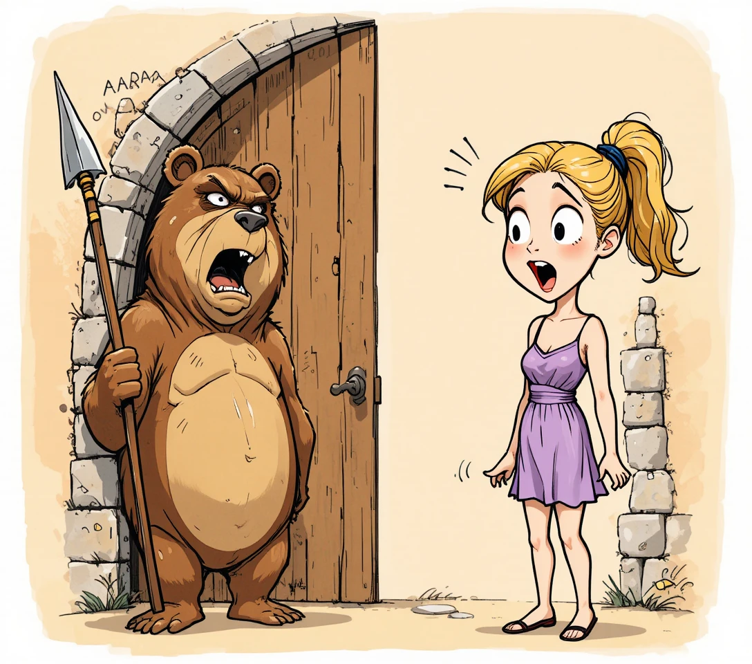Menina cartoon brincalhona frente a um guarda urso que está gritando