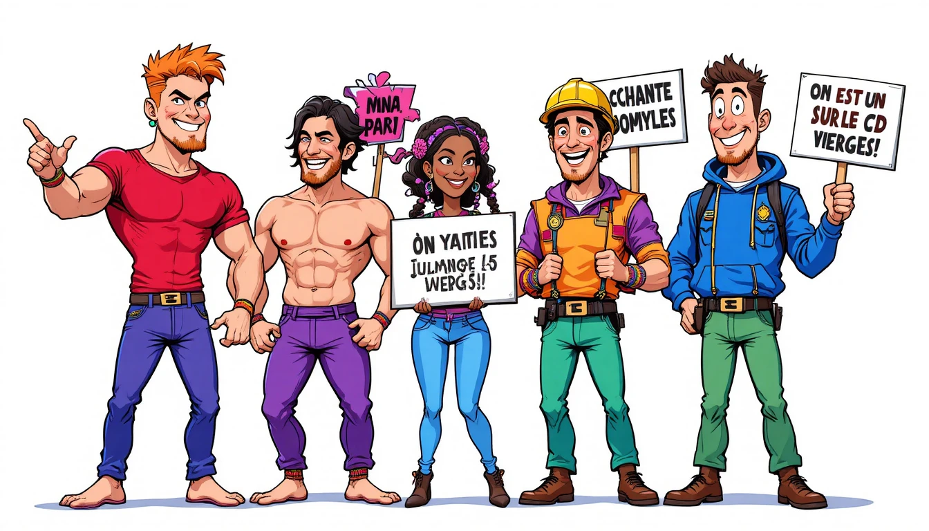 Bunte tanzende Macho-Männer im Cartoonstil