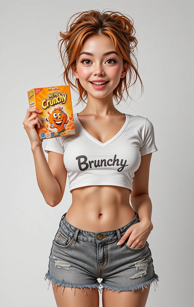 Verspieltes Mädchen präsentiert knuspriges Müsli im Manga-Stil