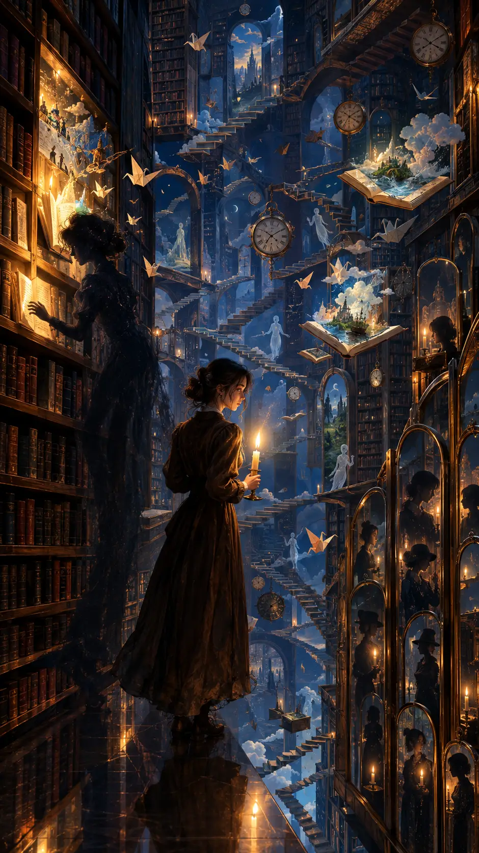 Young woman with candle in an endless surreal library