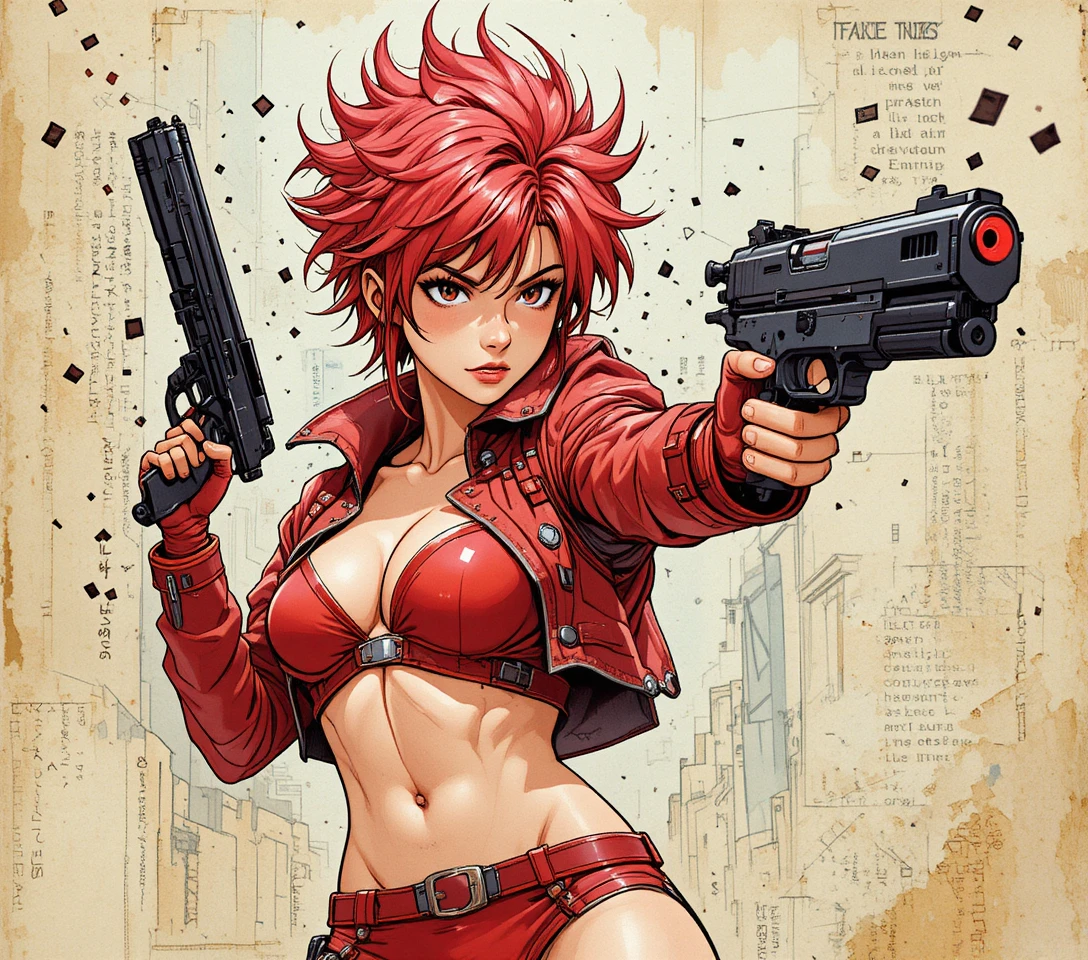 Mujer de anime cyberpunk disparando una pistola futurista