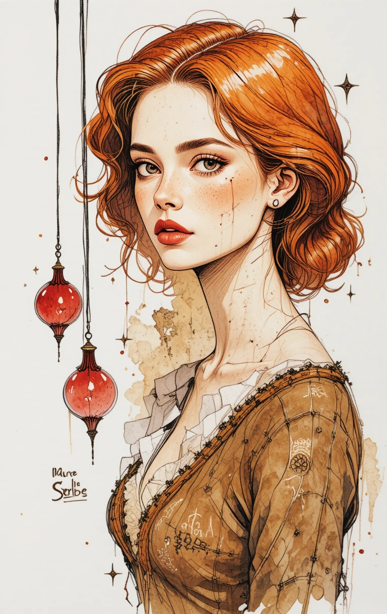 Ilustração de mulher melancólica ajoelhada com esferas vermelhas com espinhos