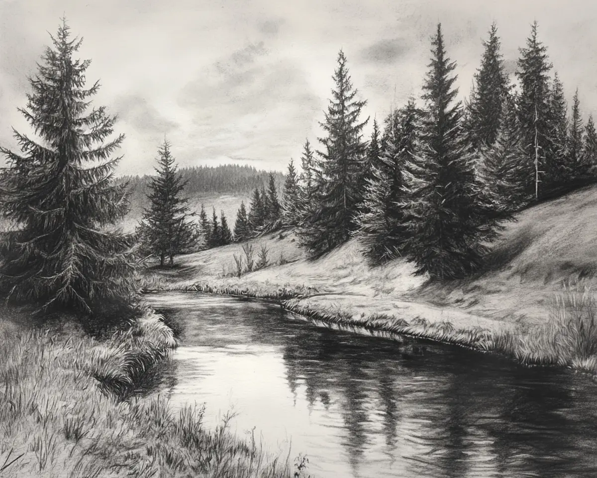 Serene Charcoal Landscape Of Hills Forest And Quiet Stream
