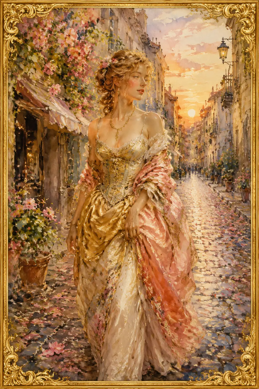 Elegant baroque woman walking along a narrow cobblestone street