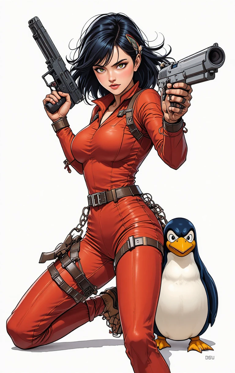 Femme d’anime avec arme et pingouin partenaire en pose d’action