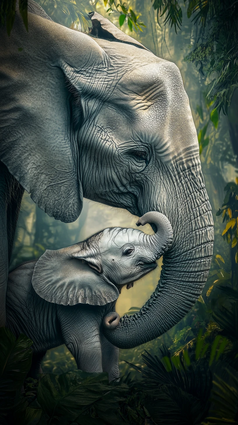 Mother elephant cradling her calf in a lush jungle